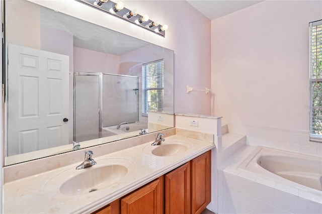 bathroom featuring vanity and separate shower and tub