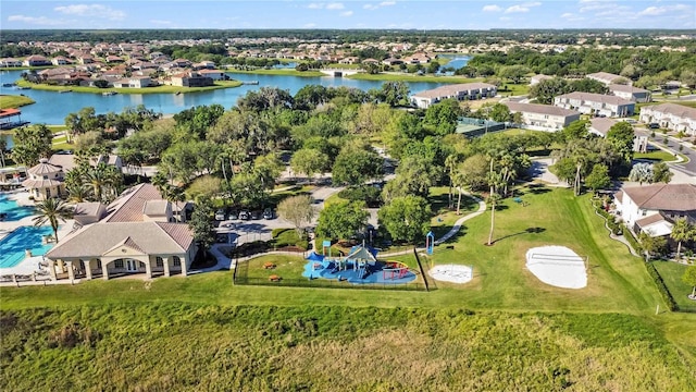 bird's eye view with a water view