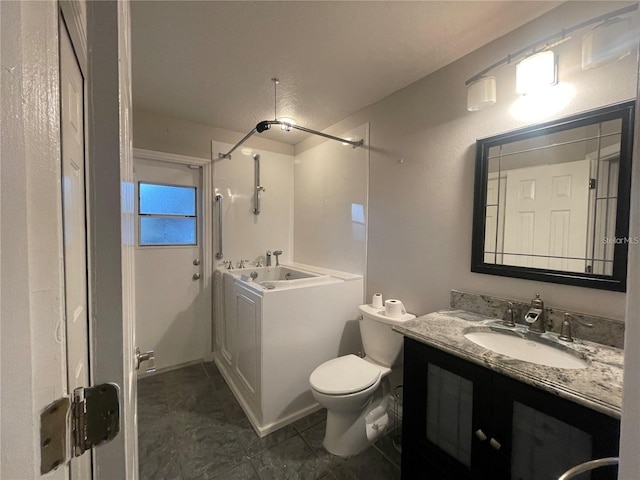 full bathroom with tile patterned flooring, vanity, toilet, and plus walk in shower