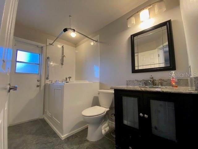 bathroom featuring a shower, vanity, and toilet