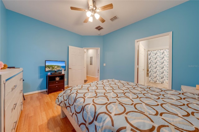 bedroom featuring ceiling fan and light hardwood / wood-style flooring