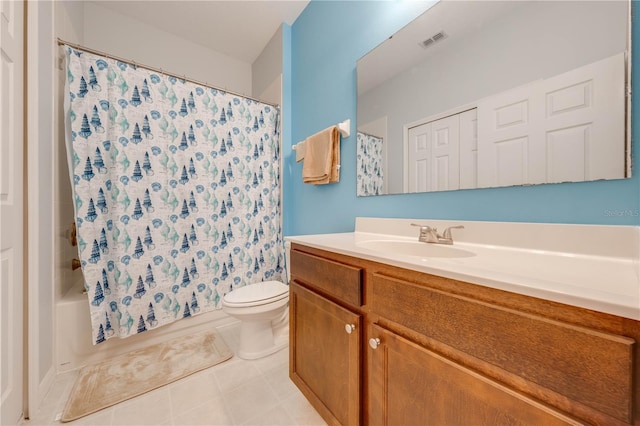 full bathroom featuring vanity, shower / bath combo, and toilet