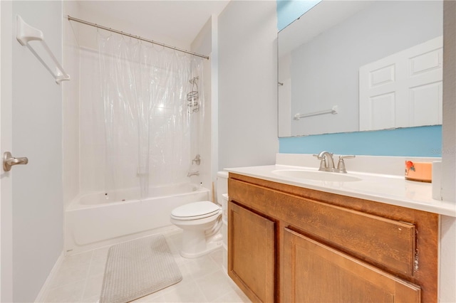 full bathroom with vanity, toilet, and shower / bathtub combination with curtain