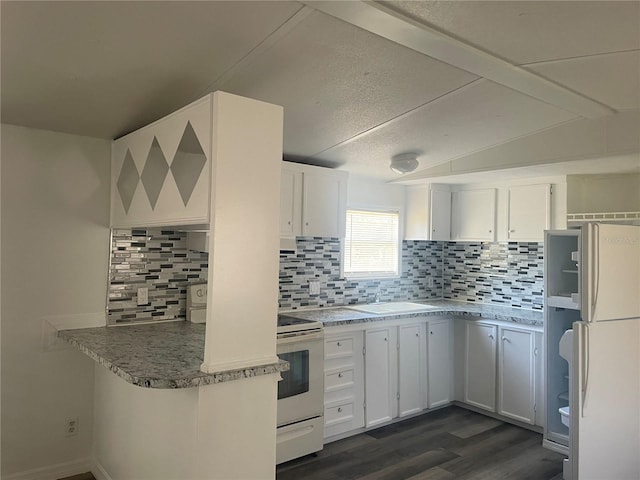 kitchen with white cabinets, decorative backsplash, white appliances, and dark wood-type flooring