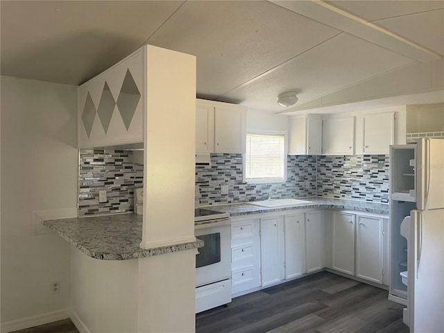 kitchen featuring decorative backsplash, white appliances, white cabinetry, and dark wood-type flooring