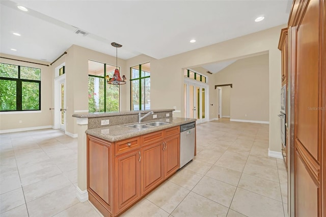 kitchen featuring an inviting chandelier, sink, stainless steel dishwasher, light stone countertops, and decorative light fixtures