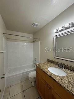 full bathroom featuring tile patterned floors, vanity,  shower combination, and toilet