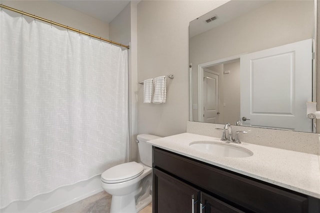 full bathroom featuring tile patterned flooring, vanity, shower / tub combo with curtain, and toilet