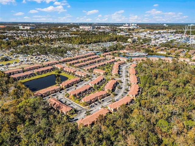 drone / aerial view with a water view