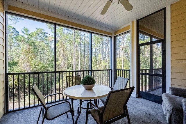 sunroom with ceiling fan and wood ceiling