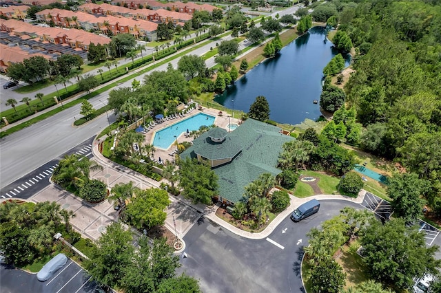 drone / aerial view with a water view