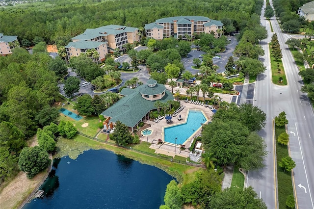 drone / aerial view with a water view