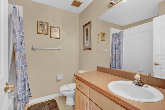 full bathroom featuring tile patterned flooring, vanity, shower / tub combo with curtain, and toilet