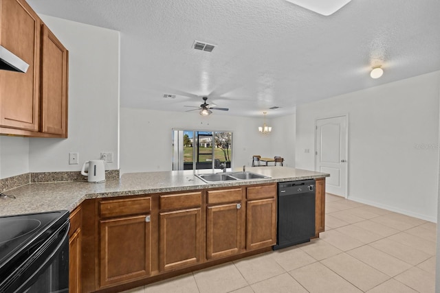 kitchen with kitchen peninsula, light tile patterned floors, black appliances, and ceiling fan with notable chandelier