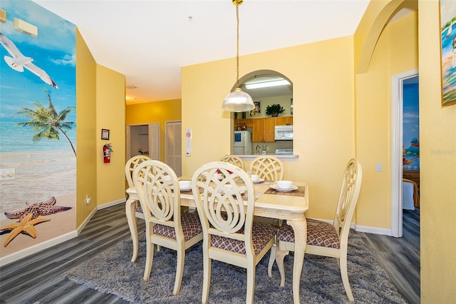 dining space featuring dark wood-type flooring