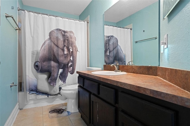 full bathroom with tile patterned flooring, vanity, toilet, and shower / bathtub combination with curtain