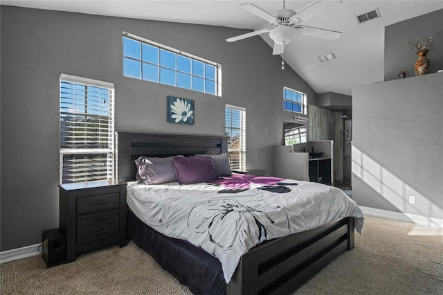 bedroom featuring ceiling fan, carpet floors, and high vaulted ceiling