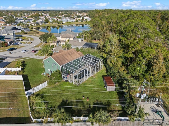 drone / aerial view with a water view