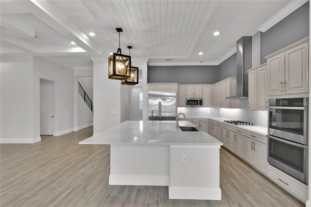 kitchen with light hardwood / wood-style flooring, wall chimney range hood, stainless steel appliances, and an island with sink