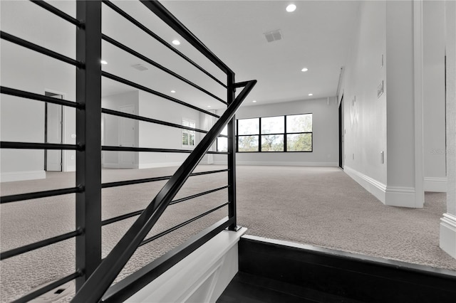 staircase featuring carpet floors