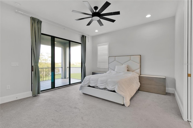 carpeted bedroom with access to outside and ceiling fan