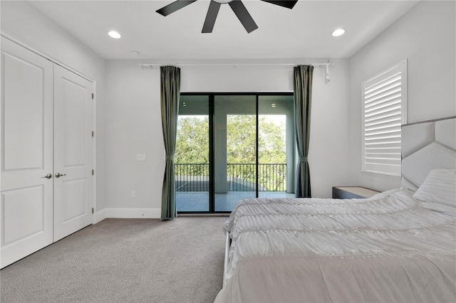 carpeted bedroom featuring ceiling fan and access to outside