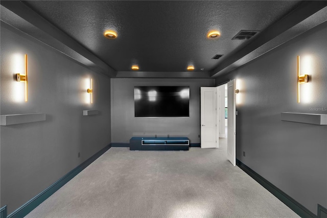 carpeted home theater featuring a textured ceiling and a tray ceiling