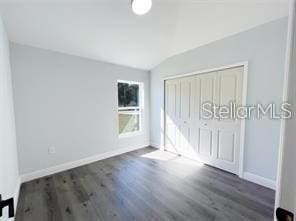 unfurnished bedroom with dark hardwood / wood-style flooring, lofted ceiling, and a closet