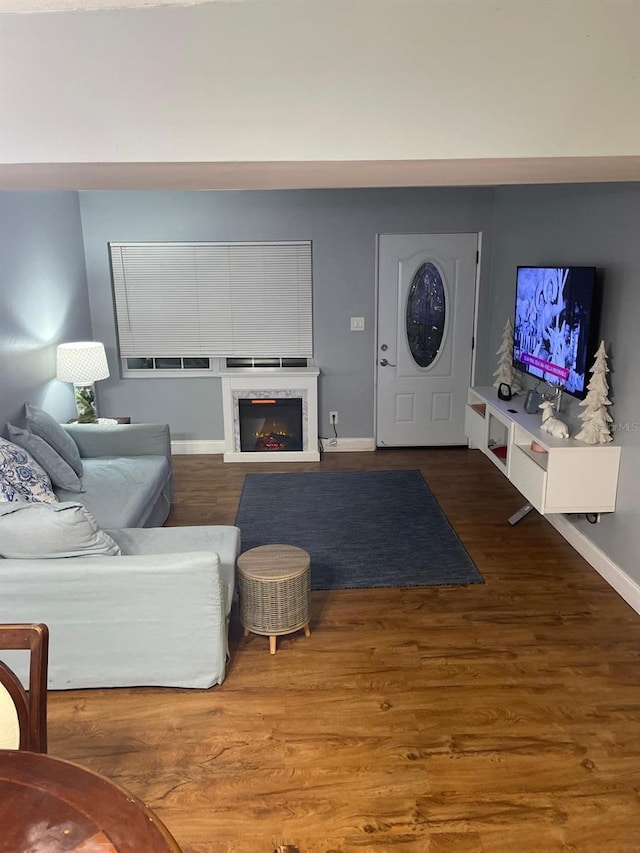 living room featuring a glass covered fireplace, wood finished floors, and baseboards