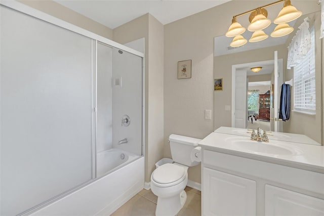 full bathroom featuring tile patterned flooring, combined bath / shower with glass door, a chandelier, toilet, and vanity