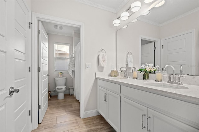 bathroom featuring toilet, vanity, and ornamental molding