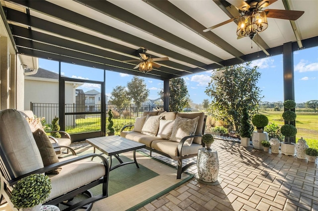 exterior space featuring ceiling fan and outdoor lounge area