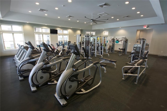 workout area featuring ceiling fan