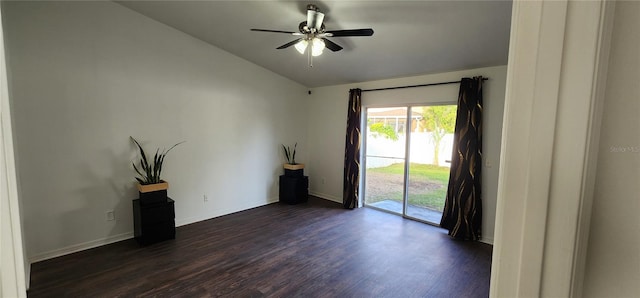 unfurnished room featuring ceiling fan and dark hardwood / wood-style flooring