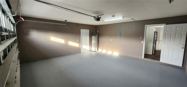 garage featuring electric panel, water heater, and a garage door opener