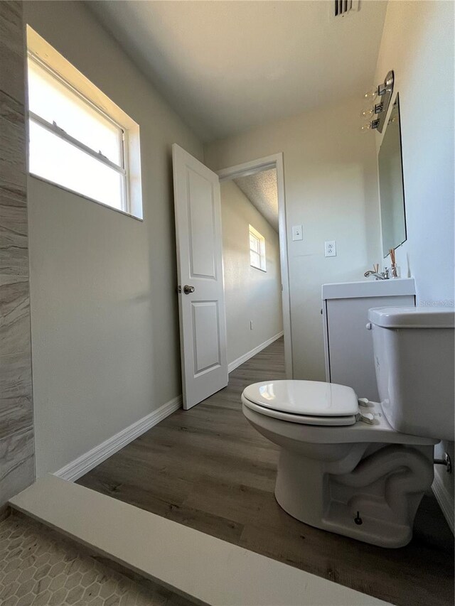 bathroom with toilet, sink, a healthy amount of sunlight, and hardwood / wood-style flooring