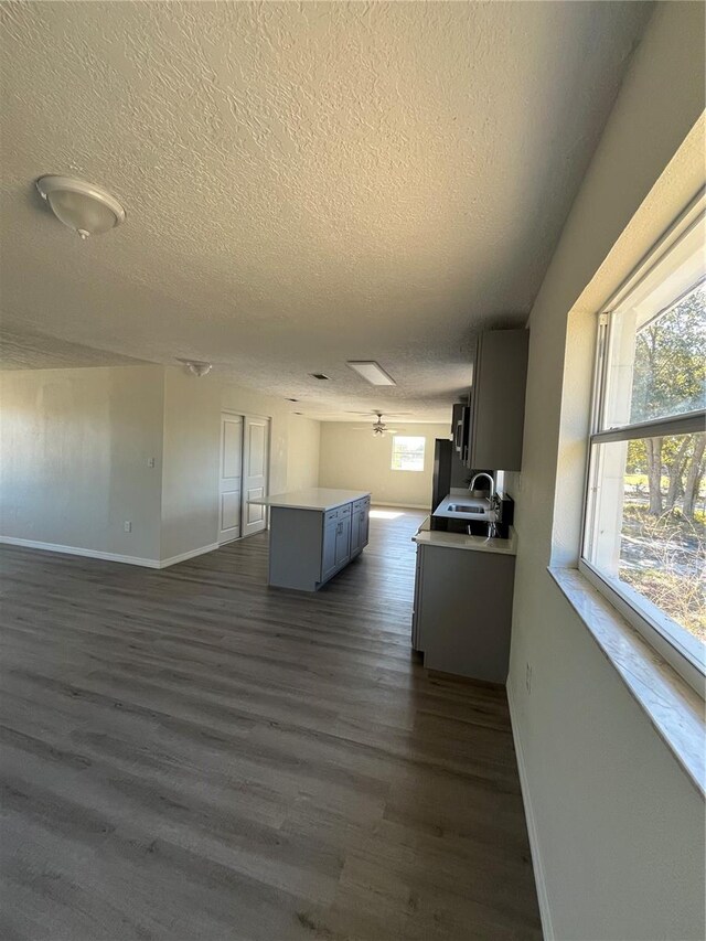 interior space with sink, dark wood-type flooring, and a textured ceiling