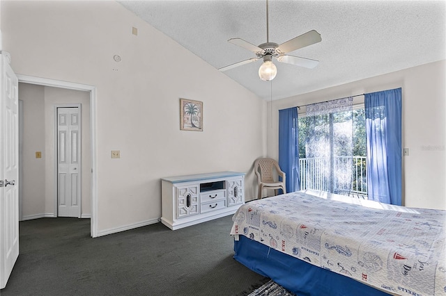 carpeted bedroom with ceiling fan, high vaulted ceiling, and a textured ceiling