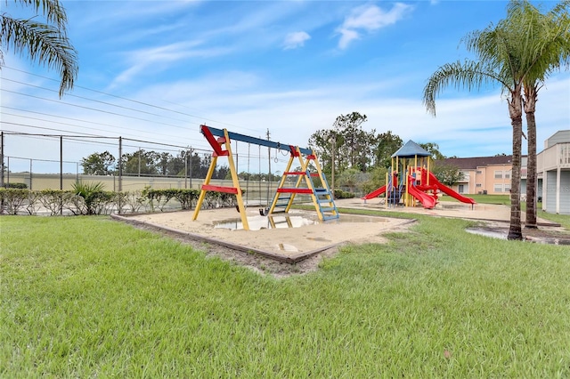 view of jungle gym featuring a yard