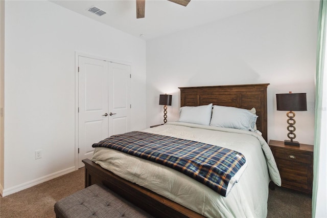 bedroom featuring carpet flooring, ceiling fan, and a closet