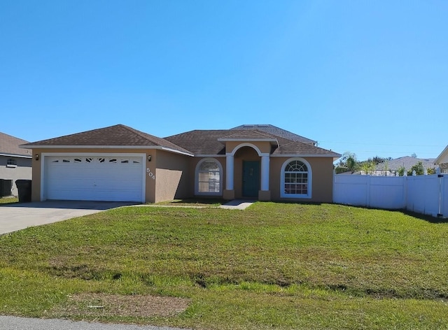 view of front facade featuring central air condition unit, a front lawn, and a garage