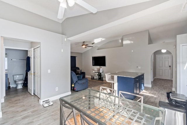 interior space featuring ceiling fan, light hardwood / wood-style floors, and vaulted ceiling