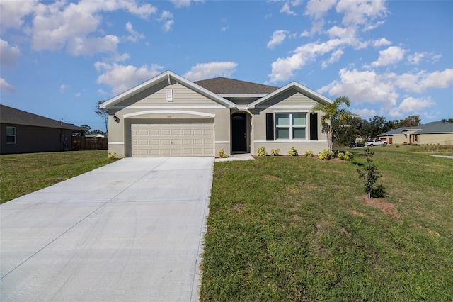 ranch-style home featuring a garage and a front lawn