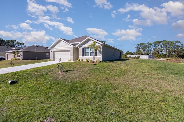 ranch-style home with a garage and a front yard