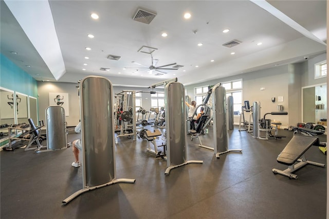 gym featuring ceiling fan