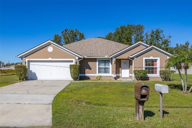 ranch-style house with a garage and a front lawn