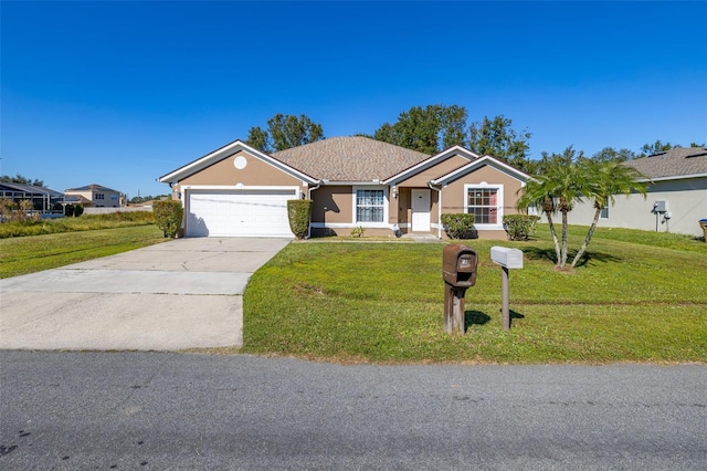 ranch-style home with a front yard and a garage