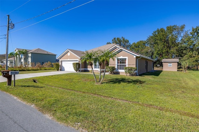 ranch-style house featuring a garage, a front yard, and a storage shed