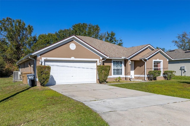 ranch-style home with a garage, central air condition unit, and a front lawn