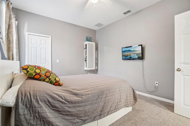 carpeted bedroom with ceiling fan